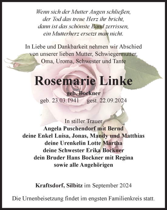 Traueranzeige von Rosemarie Linke von Ostthüringer Zeitung