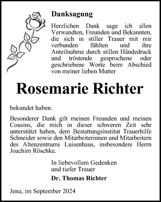 Traueranzeige von Rosemarie Richter von Ostthüringer Zeitung, Thüringische Landeszeitung