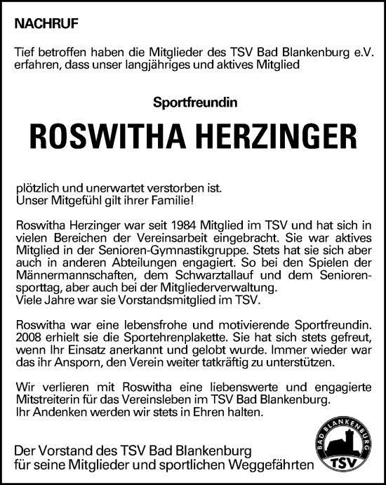 Traueranzeige von Roswitha Herzinger von Ostthüringer Zeitung