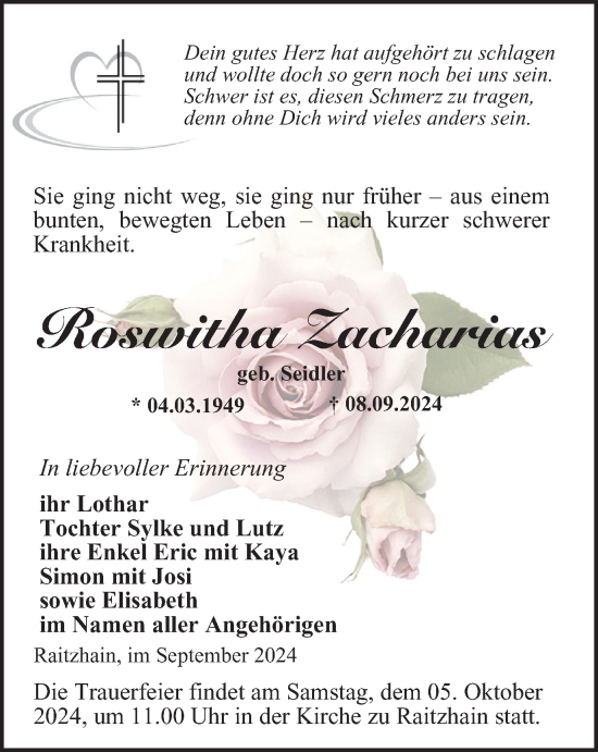 Traueranzeige von Roswitha Zacharias von Ostthüringer Zeitung