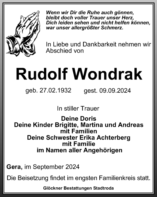 Traueranzeige von Rudolf Wondrak von Ostthüringer Zeitung