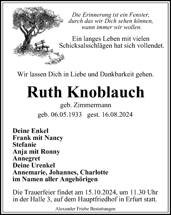 Traueranzeige von Ruth Knoblauch von Thüringer Allgemeine, Thüringische Landeszeitung