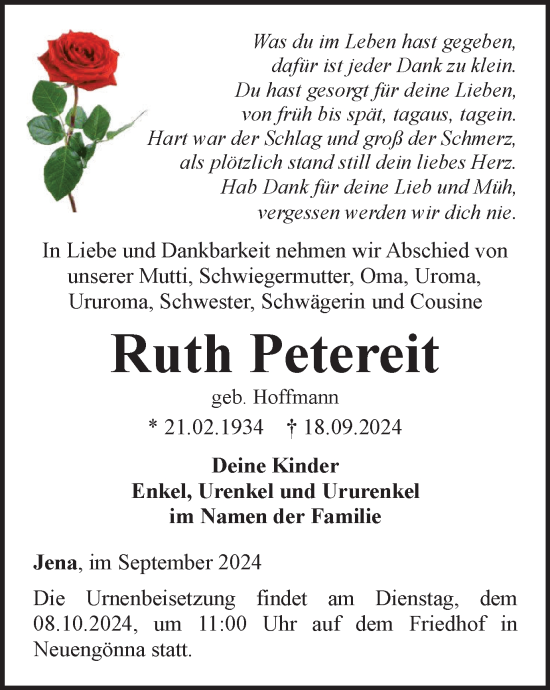 Traueranzeige von Ruth Petereit von Ostthüringer Zeitung, Thüringische Landeszeitung