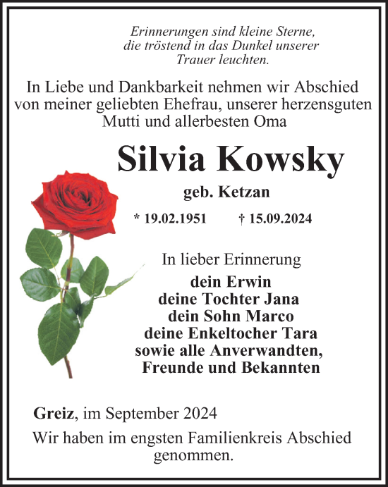 Traueranzeige von Silvia Kowsky von Ostthüringer Zeitung