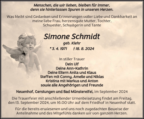 Traueranzeige von Simone Schmidt von Thüringer Allgemeine, Thüringische Landeszeitung