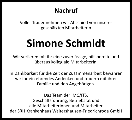 Traueranzeige von Simone Schmidt von Thüringer Allgemeine, Thüringische Landeszeitung