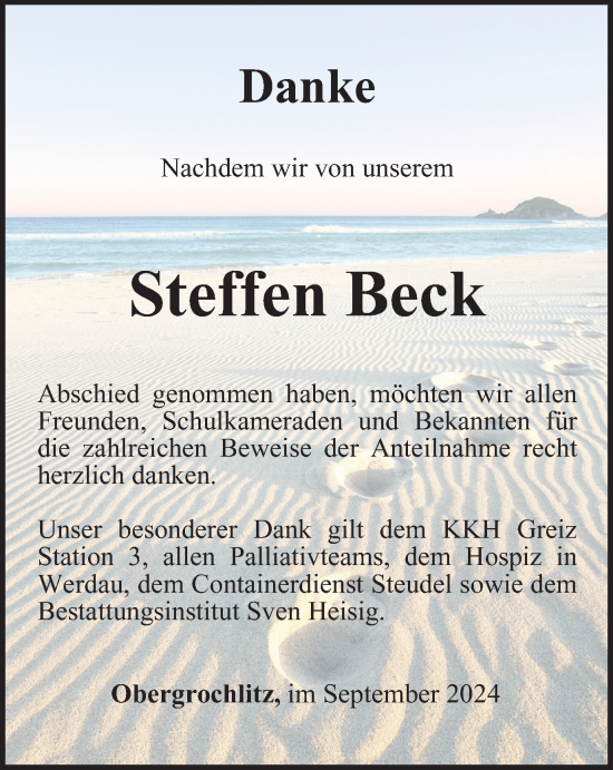 Traueranzeige von Steffen Beck von Ostthüringer Zeitung