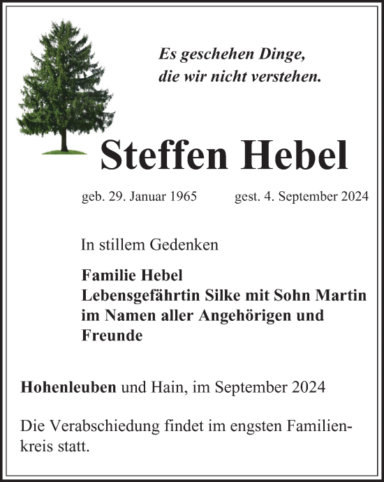 Traueranzeige von Steffen Hebel von Ostthüringer Zeitung