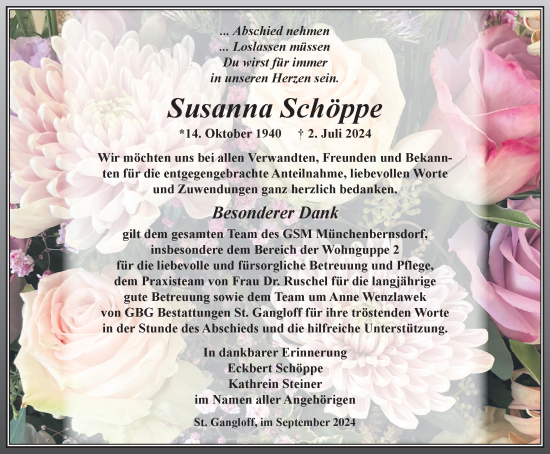 Traueranzeige von Susanna Schöppe von Ostthüringer Zeitung