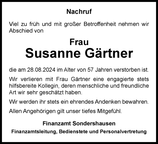 Traueranzeige von Susanne Gärtner