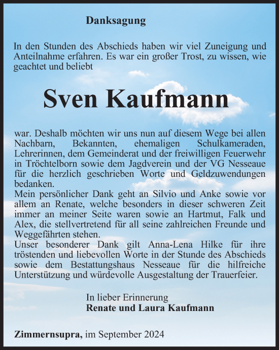 Traueranzeige von Sven Kaufmann von Thüringer Allgemeine, Thüringische Landeszeitung