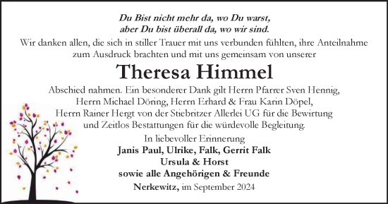 Traueranzeige von Theresa Himmel von Ostthüringer Zeitung, Thüringische Landeszeitung