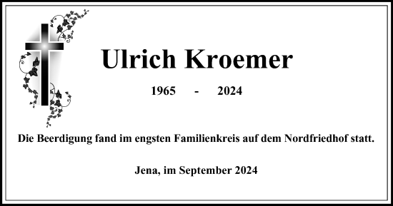 Traueranzeige von Ulrich Kroemer von Ostthüringer Zeitung, Thüringische Landeszeitung