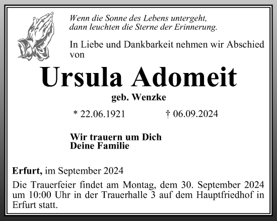 Traueranzeige von Ursula Adomeit von Thüringer Allgemeine, Thüringische Landeszeitung