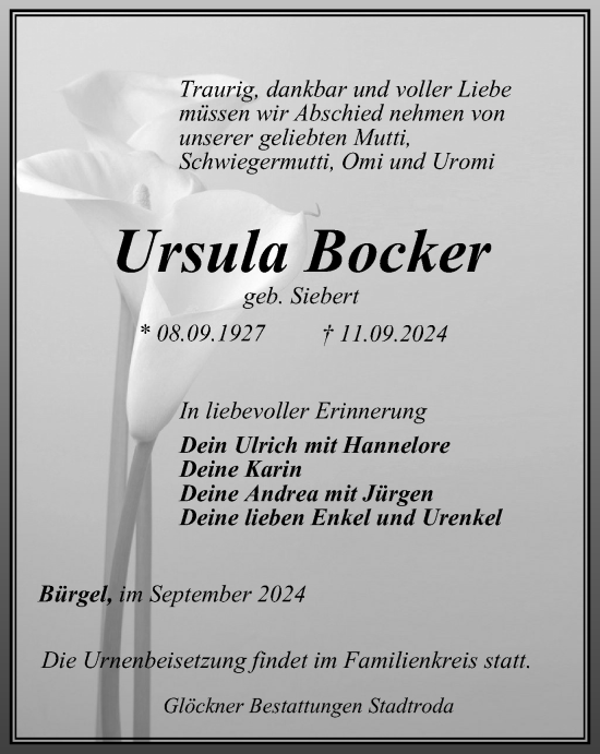Traueranzeige von Ursula Bocker von Ostthüringer Zeitung