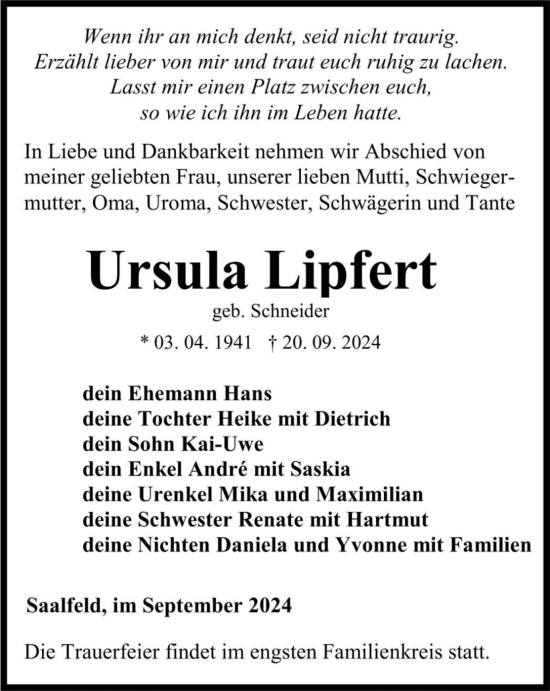 Traueranzeige von Ursula Lipfert von Ostthüringer Zeitung