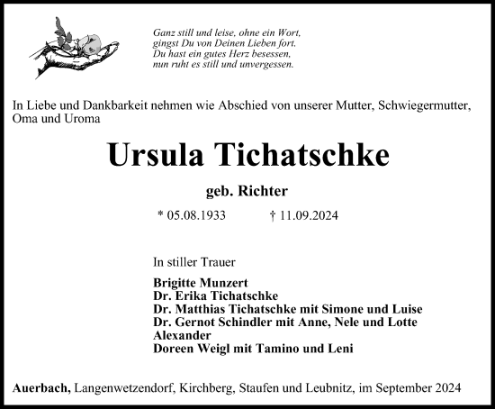 Traueranzeige von Ursula Tichatschke von Ostthüringer Zeitung