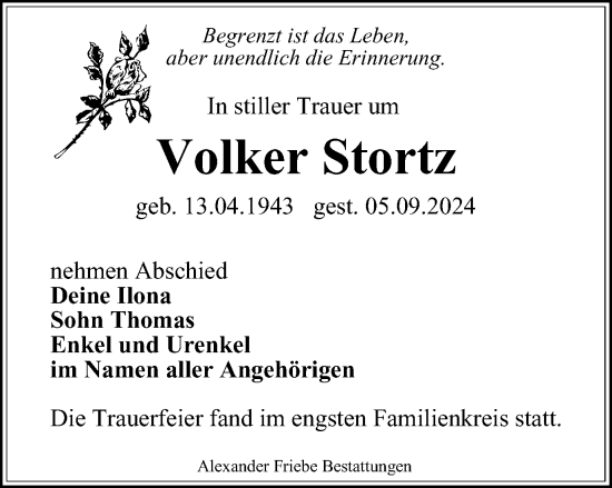 Traueranzeige von Volker Stortz von Thüringer Allgemeine, Thüringische Landeszeitung