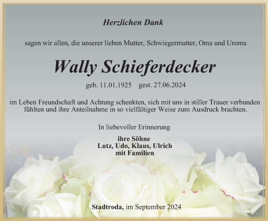 Traueranzeige von Wally Schieferdecker von Ostthüringer Zeitung