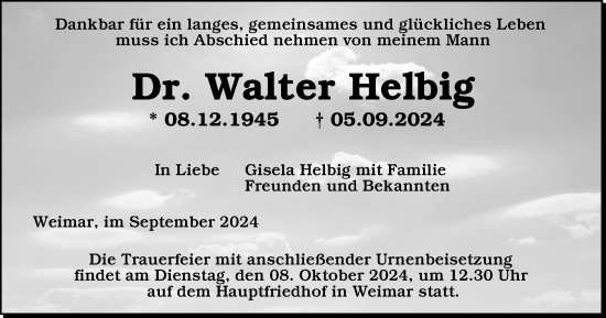 Traueranzeige von Walter Helbig von Thüringer Allgemeine, Thüringische Landeszeitung