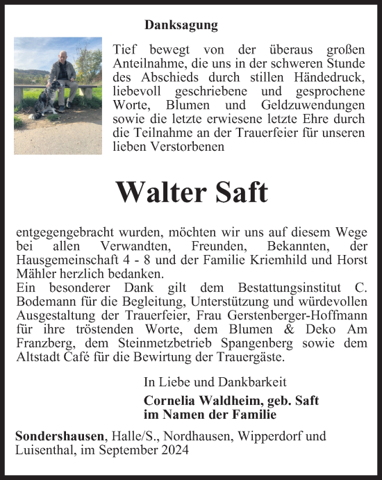 Traueranzeige von Walter Saft von Thüringer Allgemeine