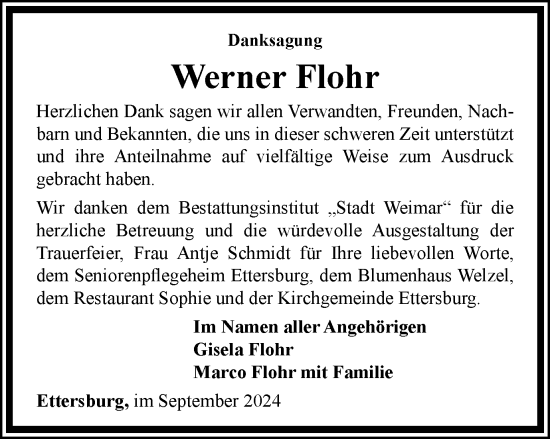 Traueranzeige von Werner Flohr von Thüringer Allgemeine, Thüringische Landeszeitung