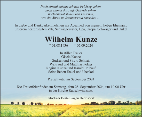 Traueranzeige von Wilhelm Kunze von Ostthüringer Zeitung