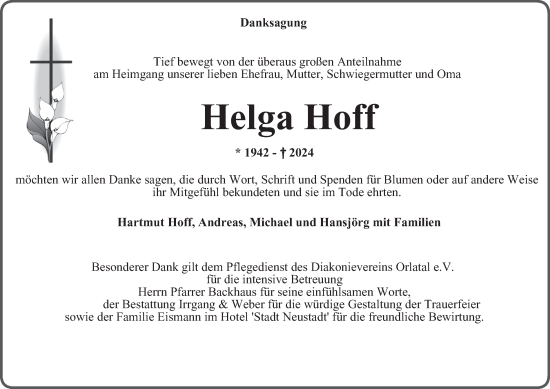 Traueranzeige von Helga Hoff von  Thüringer Allgemeine, Thüringische Landeszeitung