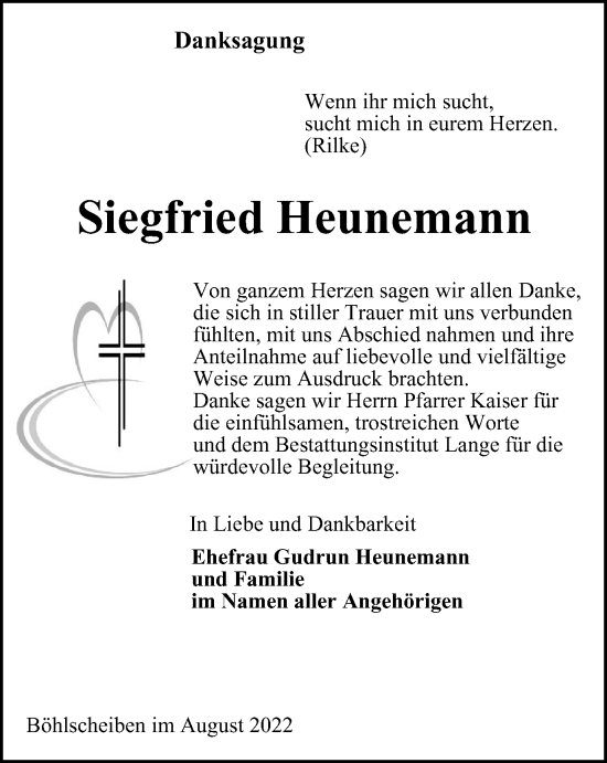 Traueranzeige von Siegfried Heunemann