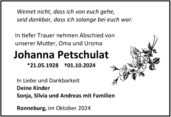 Traueranzeige von Johanna Petschulat von Ostthüringer Zeitung