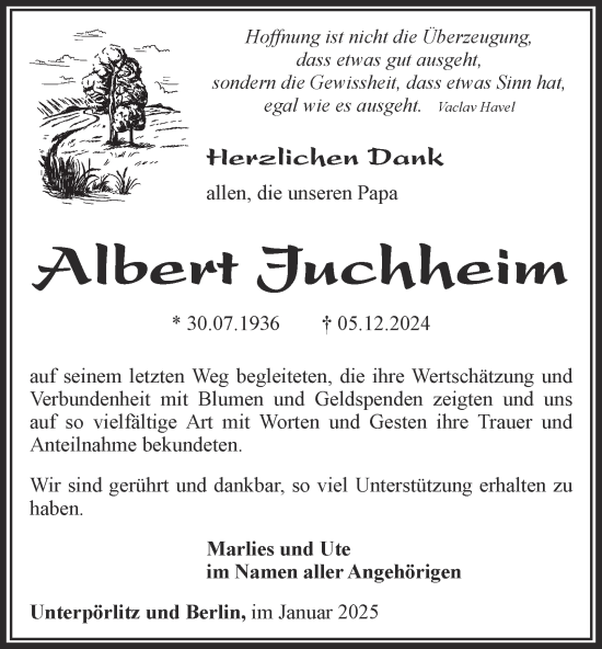 Traueranzeige von Albert Juchheim von Thüringer Allgemeine