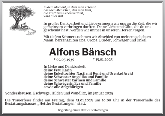 Traueranzeige von Alfons Bänsch von Thüringer Allgemeine