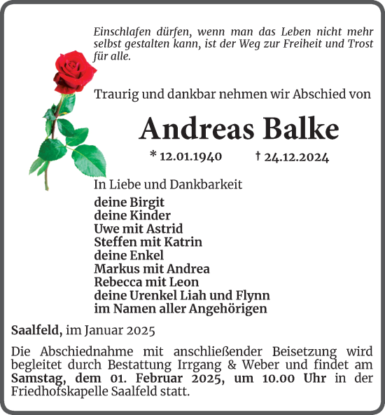 Traueranzeige von Andreas Balke von Ostthüringer Zeitung