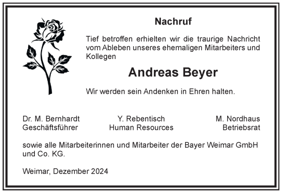 Traueranzeige von Andreas Beyer von Thüringer Allgemeine, Thüringische Landeszeitung