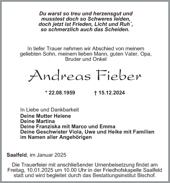 Traueranzeige von Andreas Fieber von Ostthüringer Zeitung