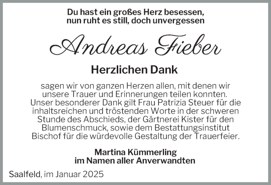 Traueranzeige von Andreas Fieber von Ostthüringer Zeitung