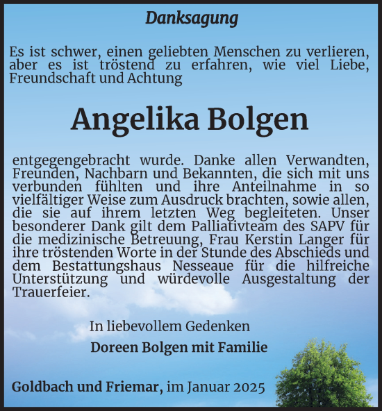 Traueranzeige von Angelika Bolgen von Thüringer Allgemeine, Thüringische Landeszeitung