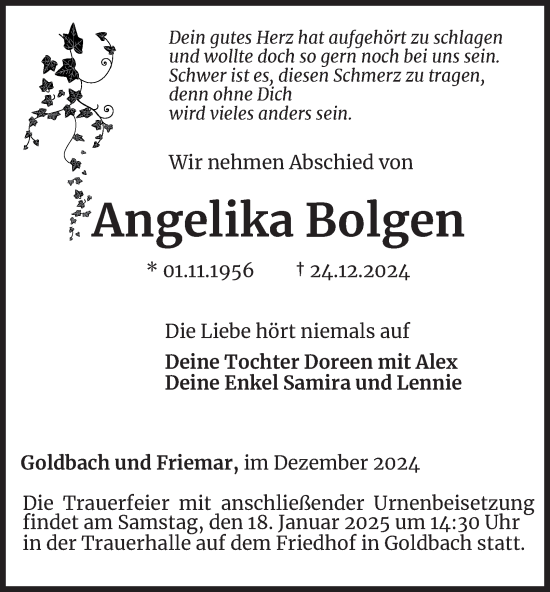 Traueranzeige von Angelika Bolgen von Thüringer Allgemeine, Thüringische Landeszeitung