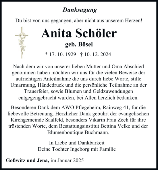 Traueranzeige von Anita Schöler von Ostthüringer Zeitung