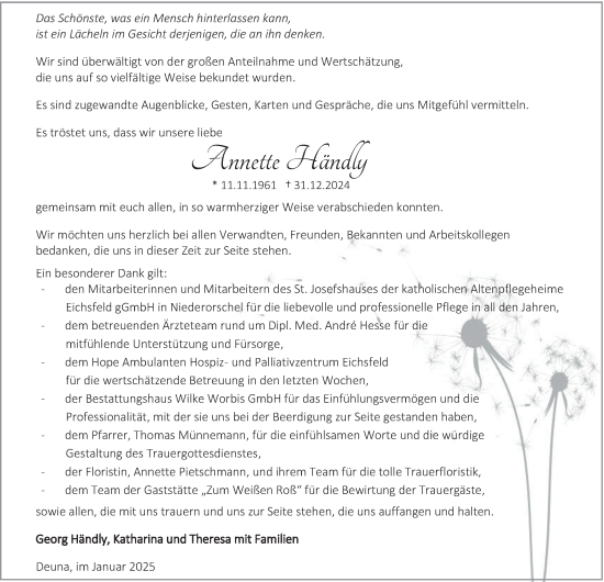Traueranzeige von Annette Händly von Thüringer Allgemeine