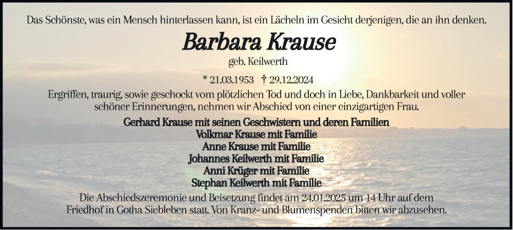  Traueranzeige für Barbara Krause vom 11.01.2025 aus Thüringer Allgemeine, Thüringische Landeszeitung
