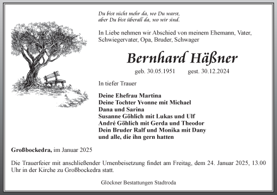 Traueranzeige von Bernhard Häßner von Ostthüringer Zeitung