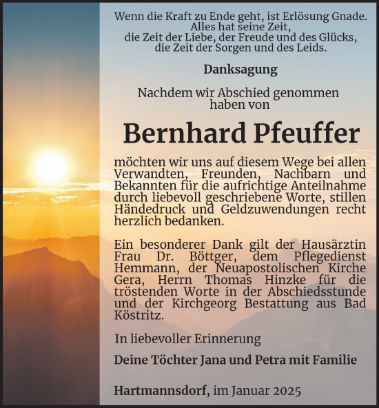 Traueranzeige von Bernhard Pfeuffer von Ostthüringer Zeitung