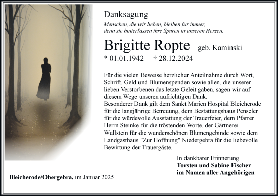 Traueranzeige von Brigitte Ropte von Thüringer Allgemeine