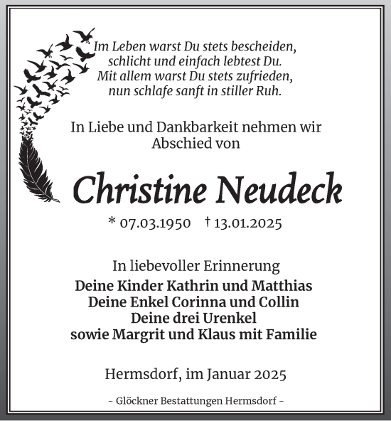Traueranzeige von Christine Neudeck von Ostthüringer Zeitung