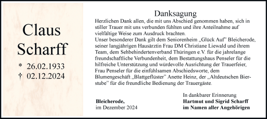 Traueranzeige von Claus Scharff von Thüringer Allgemeine