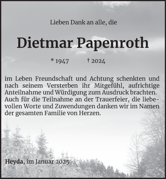 Traueranzeige von Dietmar Papenroth von Thüringer Allgemeine