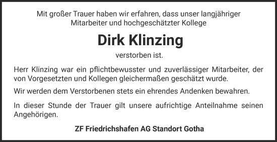 Traueranzeige von Dirk Klinzing von Thüringer Allgemeine, Thüringische Landeszeitung