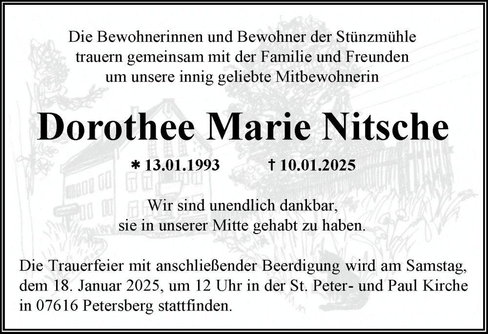  Traueranzeige für Dorothee Marie Nitsche vom 15.01.2025 aus Ostthüringer Zeitung