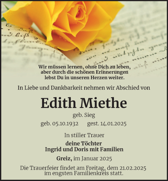 Traueranzeige von Edith Miethe